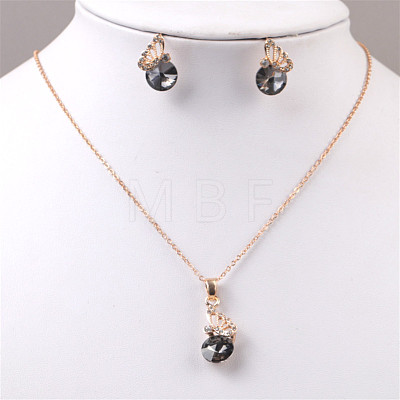 Butterfly & Flat Round Alloy Rhinestone Pendant Necklaces & Stud Earrings FS-WG892EC-03-1