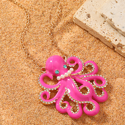 Ocean Beach Zinc Alloy Hot Pink Octopus Pendant Necklaces for Women JW6397-1