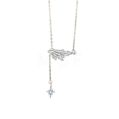 Brass Pave Clear Cubic Zirconia Wing with Star Tassel Pendant 304 Stainless Steel Cable Chain Necklaces for Women WG74F84-02-1