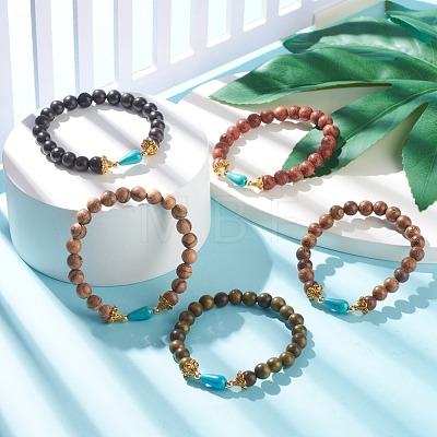 Natural Wood Round Beaded Stretch Bracelet with Synthetic Turquoise Teardrop BJEW-JB07992-1
