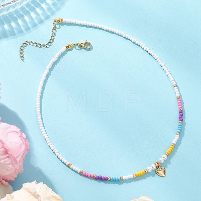 Valentine's Day 304 Stainless Steel Heart Pendant Glass Seed Beaded Necklaces for Women NJEW-MZ00146-02-1