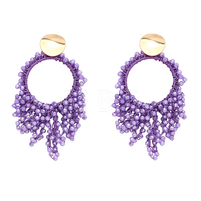 Flat Round Brass Glass Bead Dangle Stud Earrings FS-WG04037-06-1