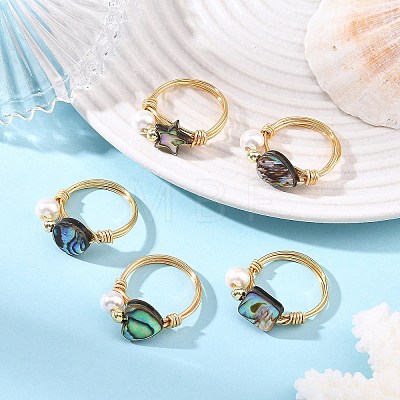 Eco-Friendly Copper Wire with Natural Abalone Shell/Paua Shell Finger Rings RJEW-JR01086-01-1