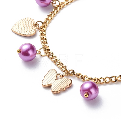 Alloy Enamel & Glass Pearl Charm Bracelet with 304 Stainless Steel Chains for Women BJEW-JB08707-04-1