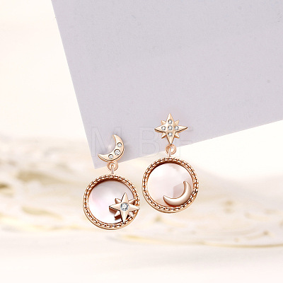 Natural Shell Moon & Star Asymmetrical Earrings with Clear Cubic Zirconia MOST-PW0001-061G-1