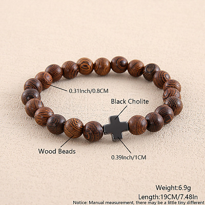 Natural Wood Round Beaded Stretch Bracelets for Men Women OI3299-5-1