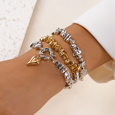 3Pcs 3 Styles Alloy & CCB Plastic Nuggets Beads Charm Bracelets & Stretch Bracelets for Women FS-WG5DF6F-03-1
