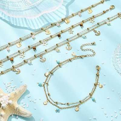 Round Natural Mixed Gemstone & 304 Stainless Steel Charm 2-Strand Anklets for Women AJEW-AN00816-1