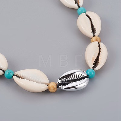 Adjustable Cowrie Shell and Synthetic Turquoise Beaded Necklaces NJEW-JN02300-01-1