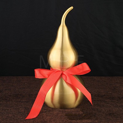 Brass Hollow Tilted Head Gourd Statue Ornament with Red Luck Strip DJEW-PW0018-03D-1