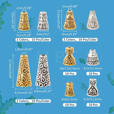   100Pcs 10 Style Tibetan Style Alloy Bead Cones FIND-PH0018-47-1