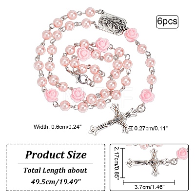 Glass Pearl & Resin Rose Rosary Bead Necklace NJEW-PH01473-1