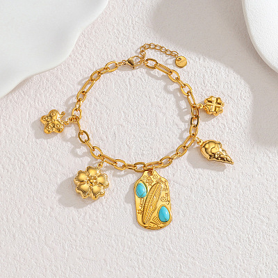 304 Stainless Steel & Synthetic Turquoise Charm Bracelets WGA1983-05-1