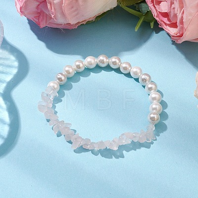 Natural Rose Quartz Chip & Round Pearl Shell Stretch Bracelets for Women BJEW-JB10552-02-1