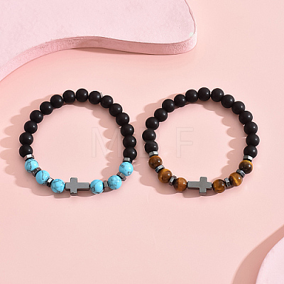 2Pcs 2 Styles Natural & Synthetic Mixed Gemstone Beaded Stretch Bracelets Set DH0675-1