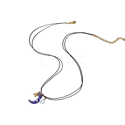 Brass Enamel Blue Crescent Moon Pendant Black Imitation Leather Cord 2-Strand Necklaces for Women WG612AC-01-1