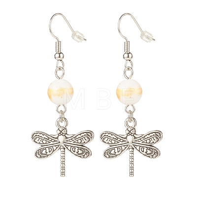 Round Natural Mashan Jade with Alloy Dragonfly Dangle Earrings EJEW-JE04855-03-1