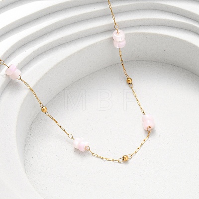 304 Stainless Steel with Dyed Pink Natural Shell Disc Beads Link Chain Necklaces for Women NJEW-K255-46G-1