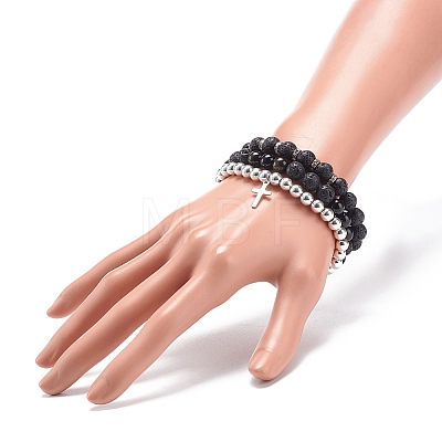 3Pcs 3 Style Style Natural Lava Rock & Golden Sheen Obsidian & Synthetic Hematite Stretch Bracelets Set BJEW-JB08735-1