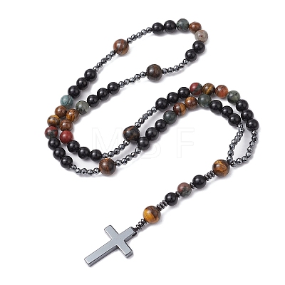 Natural Tiger Eye & Obsidian & Bloodstone Rosary Bead Necklaces NJEW-JN05114-02-1