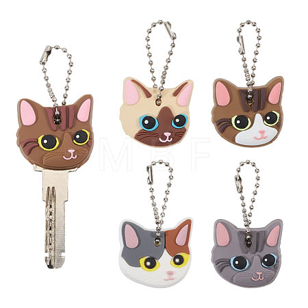 6Pcs 6 Colors Cat Head PVC Anti-Lost Key Sleeve Pendant Decorations HJEW-GL0001-30-1