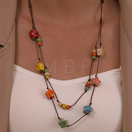 Bohemian Handmade Colorful Porcelain Beaded Waxed Cord Long Necklaces for Women FS-WGF474B-04-1