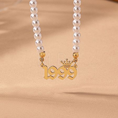 Alloy Crown Birth Year Pendant Imitation Pearl Round White Beaded Necklaces for Women FS-WG173C9-39-1
