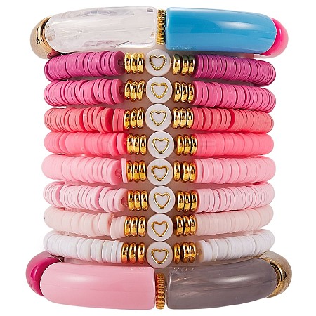 10Pcs 10 Style Handmade Polymer Clay Heishi Beaded Stretch Bracelets Set with Heart BJEW-SW00036-02-1