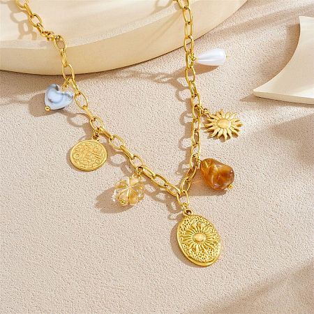 304 Stainless Steel & Resin & Imitation Pearl Multi-Pendant Bib Necklaces for Women SA-CBA717A-02G-02-1