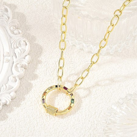 Brass Paperclip Chain Necklaces with Colorful Cubic Zirconia Ring Carabiner Locks for Women NJEW-JN06461-1