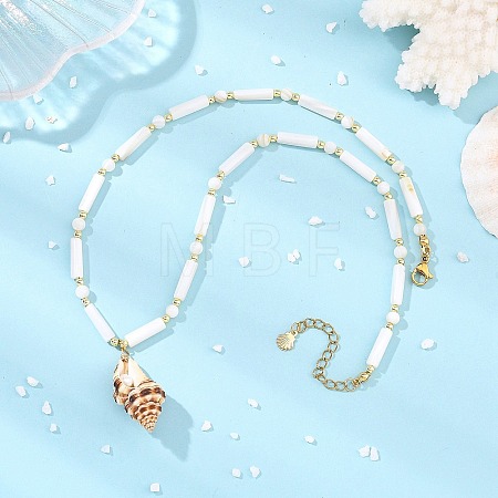 Natural Spiral Shell Pendant Natural Freshwater Shell Column and Round Shell Pearl Beaded Necklaces NJEW-JN06553-1