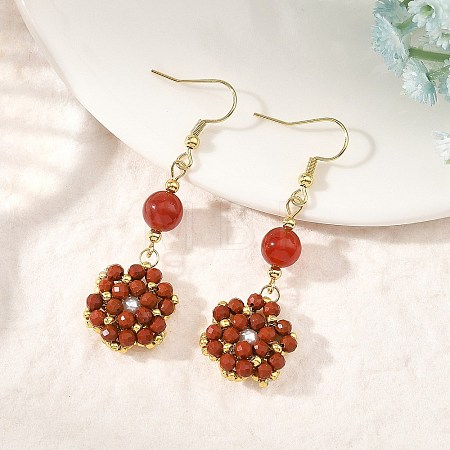 Natural Red Jasper & Carnelian and Shell Pearl Braided Dangle Earrings EJEW-MZ00789-02-1