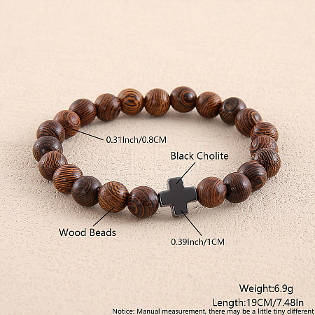 Natural Wood Round Beaded Stretch Bracelets for Men Women OI3299-5-1