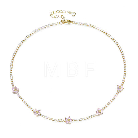 Cubic Zirconia Classic Tennis Necklace with Flower Links NJEW-N048-01F-1