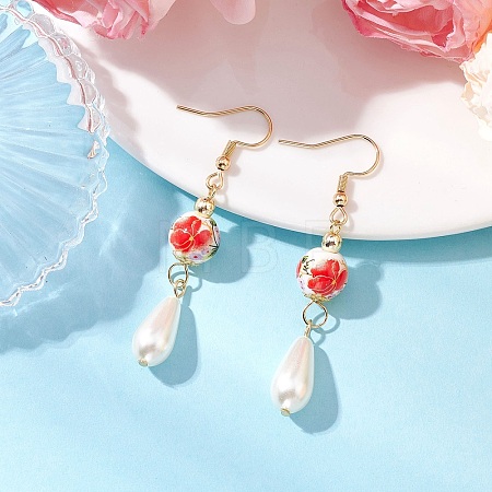 Round with Flower Pattern Porcelain Ceramic Dangle Earrings EJEW-JE06347-02-1