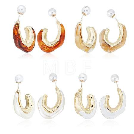 4Pairs 4 Colors Plastic & Resin C-shape Stud Earrings with 925 Sterling Silver Pins EJEW-AN0003-11-1