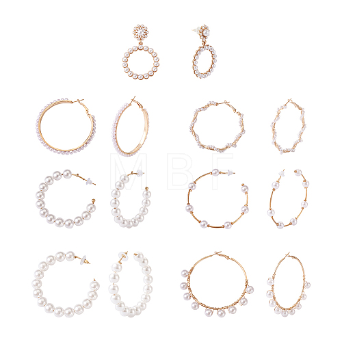 Kissitty 7 Pairs 7 Style Resin Pearl Beaded C-shape & Ring Dangle Stud Earrings FIND-KS0001-16-1