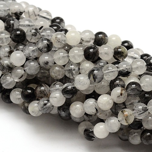 Natural Gemstone Black Rutilated Quartz Round Beads Strands G-E251-30-6mm-1