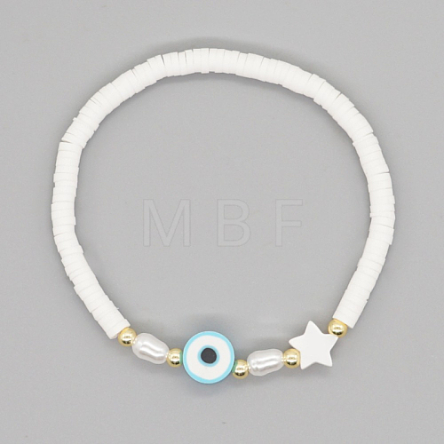 Shell Pearl & Star & Evil Eye Beaded Stretch Bracelet BJEW-BB727272796-D-1
