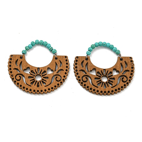 Laser Cut Poplar Wood Pendants Bag Charms with Dyed Synthetic Turquoise FIND-G073-06-1