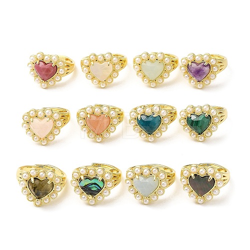 Natural Mixed Gemstone Heart Adjustable Ring with Plastic Pearl Beaded RJEW-E075-05G-1