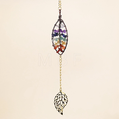 Chakra Natural Gemstone Chips Wire Wrapped Metal Tree of Life Hanging Ornaments PW-WG15E20-02-1