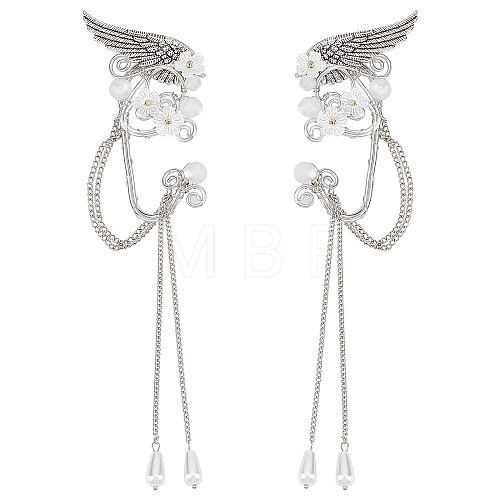 Aluminum Wing and Flower Cuff Earrings with Plastic Pearl Tassel EJEW-WH0011-07P-1