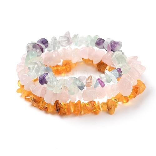 Chips Natural Amber & Fluorite & Rose Quartz Beaded Stretch Bracelets Sets X-BJEW-JB05332-02-1