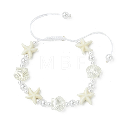 Adjustable Starfish & Shell Shape ABS Imitation Pearl and Synthetical Turquoise Beaded Braided Bead Bracelets for Women BJEW-JB13814-1