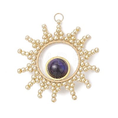 Dyed Round Natural Tiger Eye with Glass Seed Beaded Sun Pendants PALLOY-MZ01082-03-1