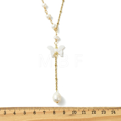 Natural Pearl & 304 Stainless Steel Satellite Chain Y Lariat Necklaces NJEW-JN06061-1