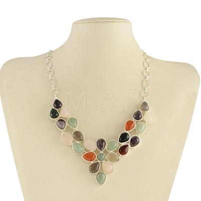Gemstone Bib Statement Necklaces with Alloy Cabochon Settings and Silver Color Plated Brass Chains  NJEW-R224-07B-B-1