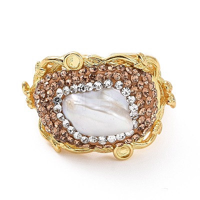 Natural Pearl Open Cuff Finger Ring with Rhinestone RJEW-A011-11G-1