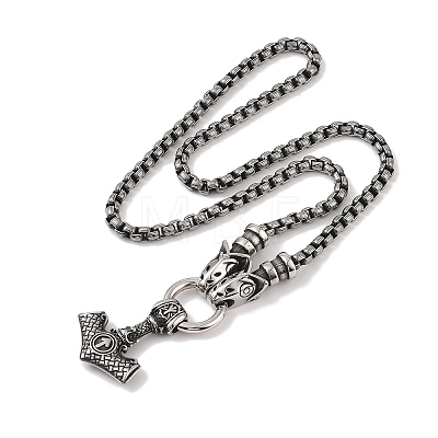 304 Stainless Steel Wolf Head King Box Chain Viking Mjolnir Thor Hammer Pendant Necklaces for Men NJEW-K278-01AS-1